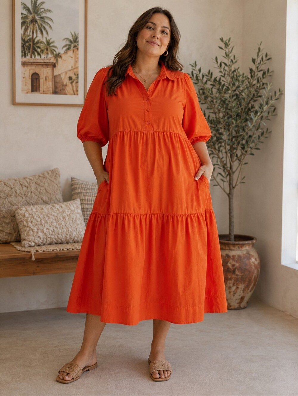 Quince Bright Orange Midi Shirt Dress